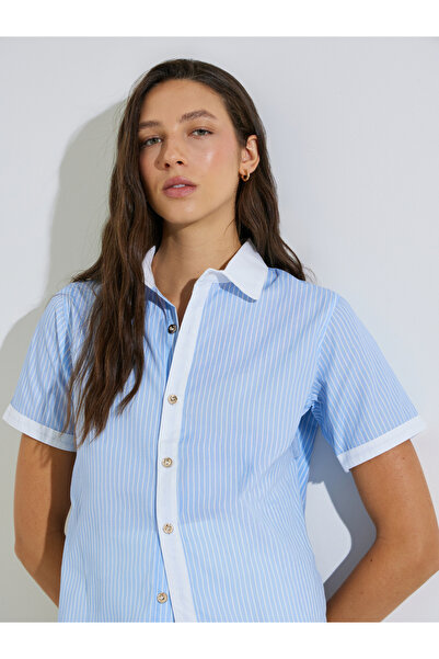 Styli Blue Striped Contrast Trims Short Sleeves Shirt