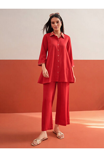 Sassafras By Styli Red Zari Embroidered Shirt Collar Top and Palazzos Co-ord Set