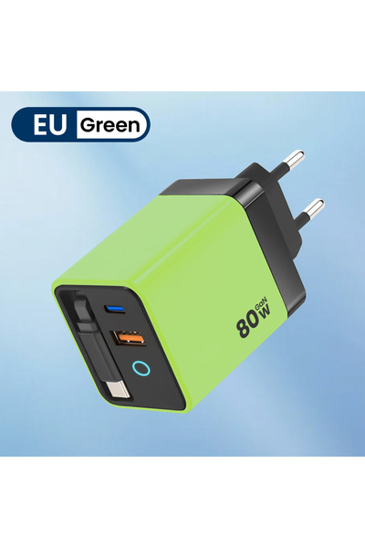 Choice5 Green EU 80W USB Type C Phone Super Fast Charger With Retractable USB...