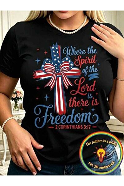 23ERVA 1pc Plus-Size Women's Summer Top With American Flag Cross & "Where Spi...