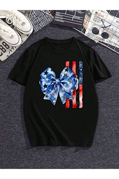 23ERVA Women's July 4th American Flag Bow Stars & Stripes Patriotic Tee – Loo...