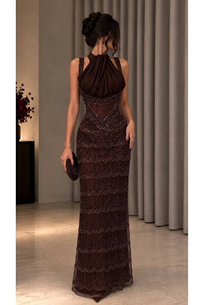 ELORA FASHION Dark Brown Long Evening Dress