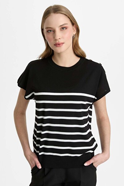 Mutlu Ertan Women's Striped Buttoned Knitwear Blouse 20322 Black-Ecru