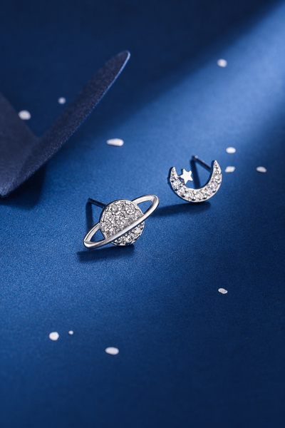 TREND COLLECTİON Women's Silver Moon Star and Planet Figured Minimal Stone Earrings