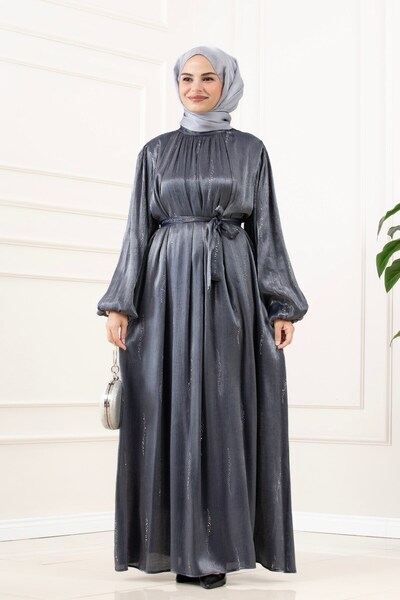 Sevitli Balloon Sleeve Stoned Water Evening Dress-Anthracite