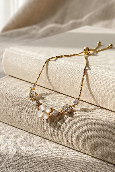 THE Steel Gold Color Flower Figured Stone Adjustable Women's Bracelet