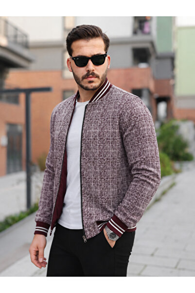 Oxledo Double-Sided Men's Seasonal Coat with Plaid Pattern Design in Burgundy
