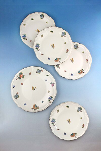 Bursa Porselen Dekor Flower Bouquet Gold Gilded 5 Piece Porcelain Cake Set