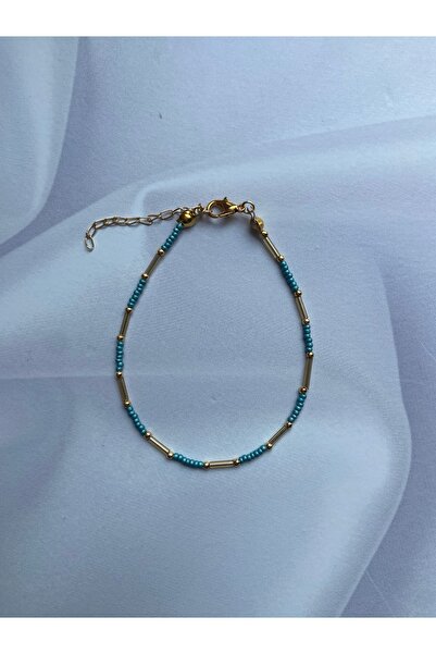 Burçin Örbük Accessory Petrol Mavi Kum Boncuk Gold Boru Detaylı Halhal