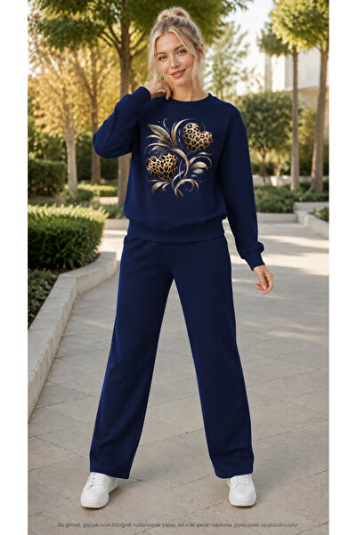 TREND EMMODA Women's Feather Detailed Leopard Heart Printed Tracksuit Set/Rou...