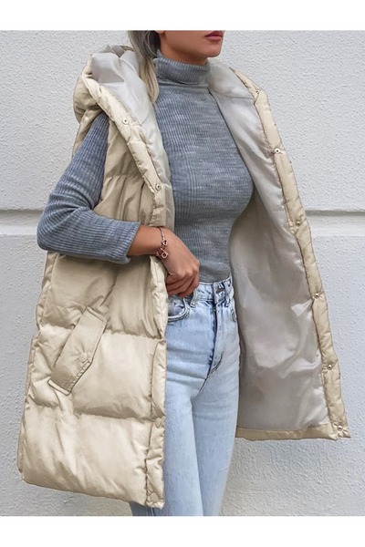 ladyzey Women's Beige Hooded Detachable Rubber Belt Double Pocket Snap Closur...