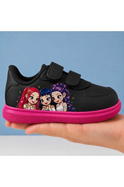 amazoondesing Girl's Black Pink Velcro Sports Shoes Colorful Printed Casual S...