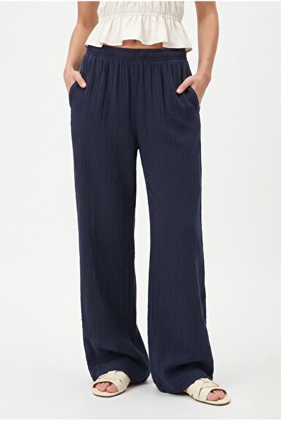 Ritnice Women's Maja 100% Cotton Muslin Soft Navy Blue Trousers with Elastic ...