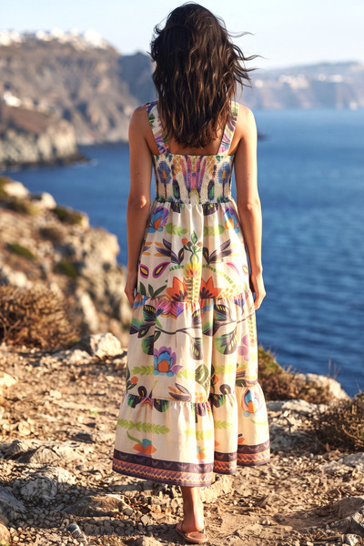 WeShaya Women's Exotic Floral Patterned Straps Gathered Gipeli A-Line Linen Midi Dress