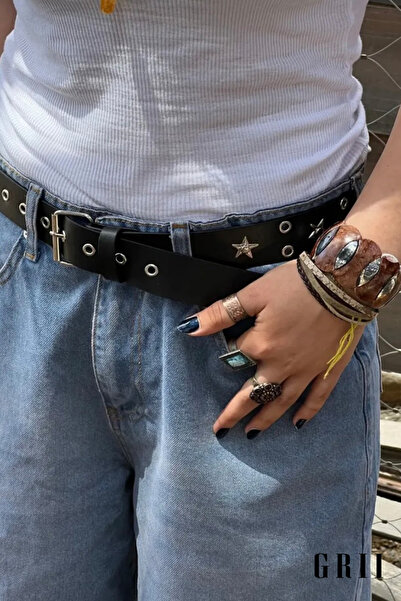 GRİİ WEAR Black Star Detailed Eyelet Belt with Star Studs Unisex Belt