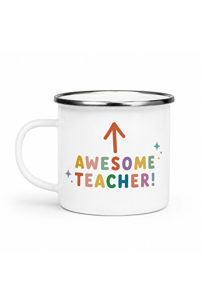 OEM Awesome Teacher enamel mug, enameled metal, white