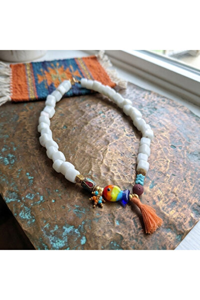 azra takı tasarım E Handmade Authentic Bodrum Beads White, Fish Figured Short...