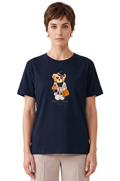 DK DAKSEL Women's Navy Blue Beverly Hills Teddy Bear Printed T-Shirt 100% Cot...
