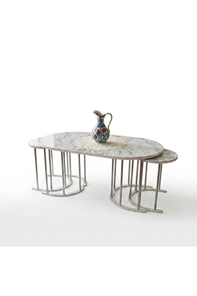 YY STORE 2+1 YAVRULU OVAL ORTA SEHPA BEYAZ METAL ATLANTİK MERMER MDF TABLA