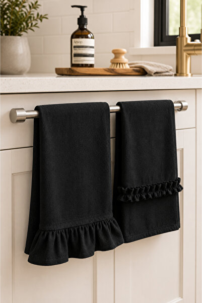 KaiHome Black Linen Ruffled Set of 2 35X55 cm Natural Drying Cloths
