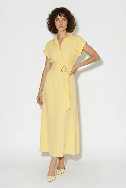 Efnaz style Women's Belt Buckle Shirt Collar Midi Yellow Dress