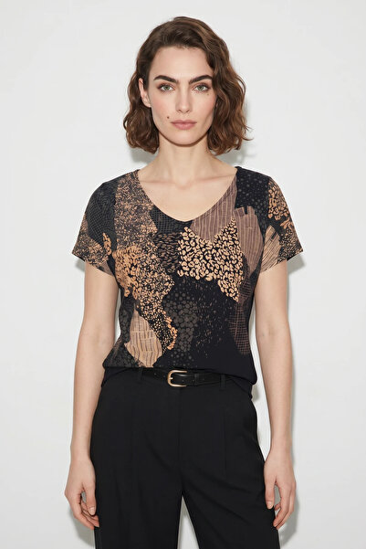 ALFA AKSESUAR 03 Women's V-Neck Print Detailed Relaxed Fit Viscose T-Shirt Black