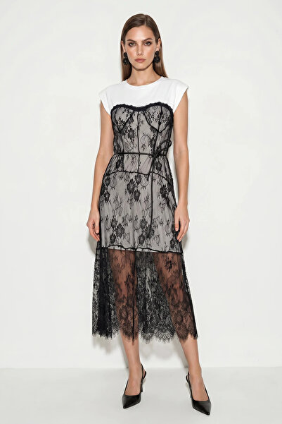 Efnaz style Women's Padded Lace Detailed Midi Dress White Black