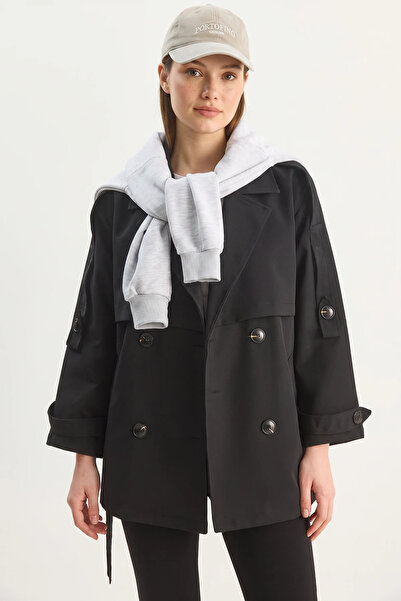Efnaz style Women's Aller Detailed Belted Pocketed Lined Trench Coat Black