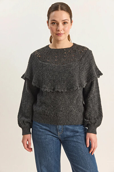 Efnaz style Women's Ruffled Openwork Detailed Balloon Sleeve Ribbed Knitwear ...