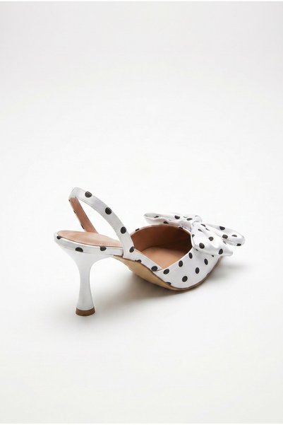 Generic Brand Pantofi stiletto cu toc subțire, cu model cu buline și detaliu fundă, pentru femei, albi