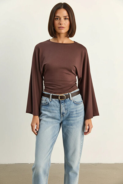 Generic Brand Women's Draped Wide Sleeve Cropped Brown Blouse with Waistband