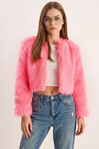 Efnaz style Women's Faux Fur Lined Candy Pink Coat