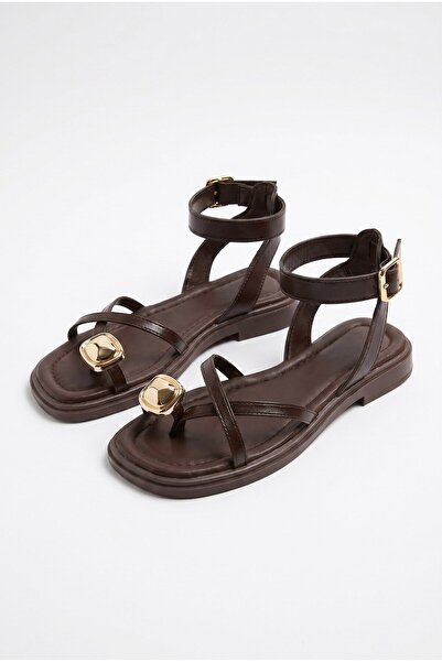 Efnaz style Women's Gold Ring Detailed Ankle Strap Flip-Flop Sandals Bitter B...