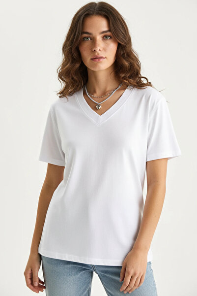 Şeker Portakalım Women's Deep V-Neck Comfort Fit Cotton White Black T-Shirt