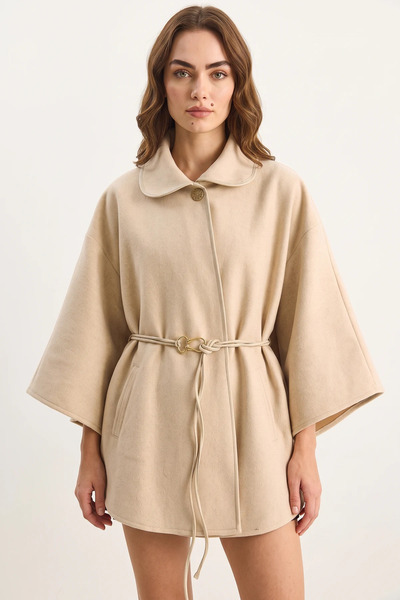 Generic Brand Women's Pocket Detailed Belted Cashmere Poncho Beige