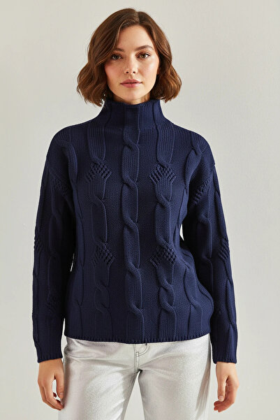 Efnaz style Women's Half Turtleneck Hair Knit Patterned Knitwear Navy Blue Sw...