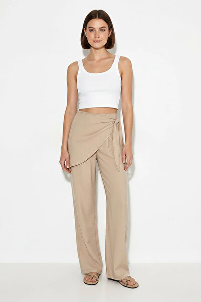 Efnaz style Women's High Waist Tie-Detail Wide-Leg Viscose Trousers Dp Beige