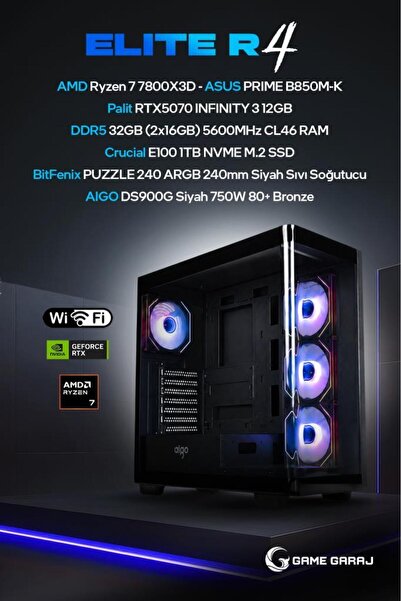 Game Garaj Elite R4 AMD R7 7800X3D RTX5070 32GB RAM 1TB SSD 240mm Sıvı Soğt F...