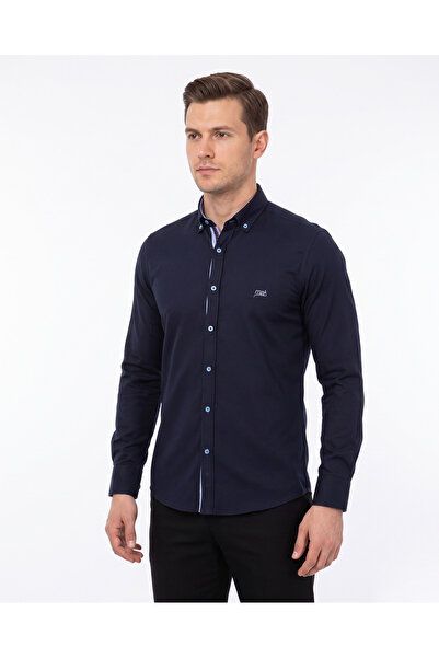 MAKROM Men's Navy Blue Color 97% Cotton Lycra Long Sleeve Sports Shirt with C...