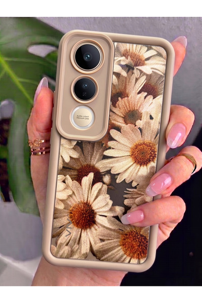 Rivor Vivo V50 Lite Uyumlu Kılıf Kamera Korumalı Vintage Papatya Desenli Kahv...