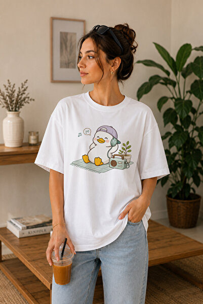 BAGAND Premium Music Listening Cute Duck Printed Oversize Unisex T-Shirt 100%...