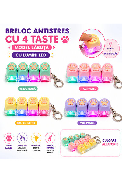 SHOP LIKE A PRO Breloc Antistres cu 4 Taste, Model Lăbuță, Lumini LED, 7,5 cm...