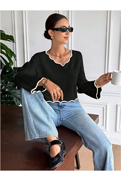 Nimas Women's V-Neck Contrast Detailed Knitwear Sweater