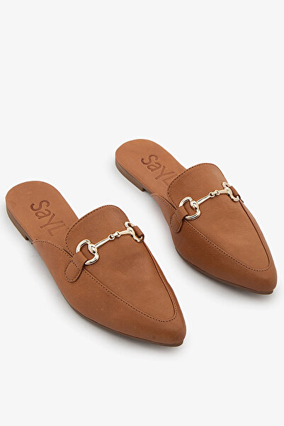 SAYL Tan Genuine Leather Buckle Women's Slippers