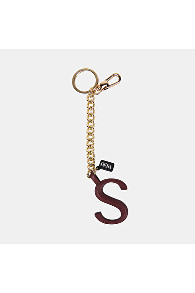 Desa Burgundy Letter S Leather Charm / Keychain with Gold Chain