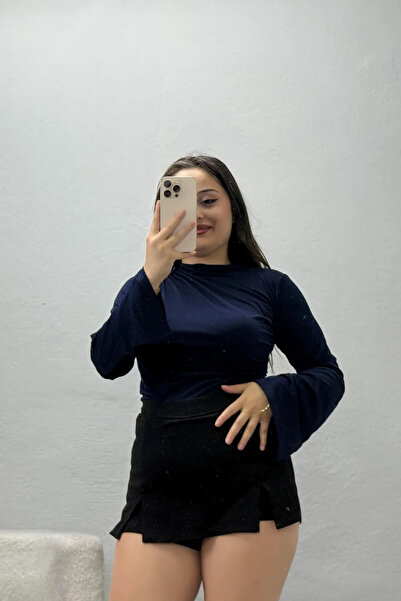BELENDİR Women's Draped Spanish Sleeve Sandy Blouse Navy Blue