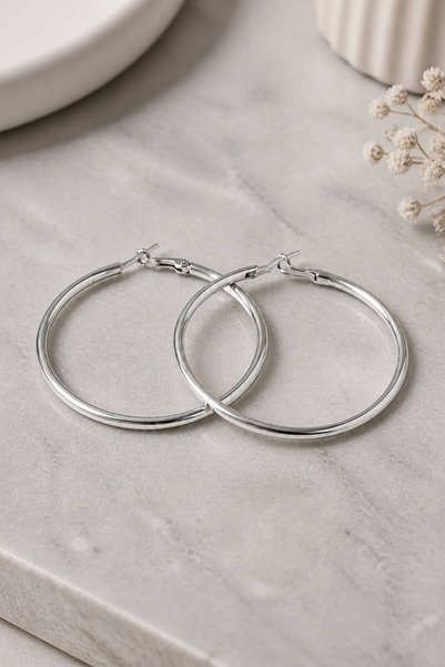 LYKOS Silver Color 56 mm Steel Plain Classic Hoop Earrings - Minimalist Clip-...