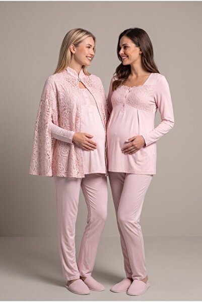 Pelin Women's Powder Lace Long Sleeve Maternity Pajama Set
