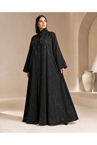 KAVALEE Luxury Black Geometric Pattern Open Abaya for Women – Elegant Embelli...