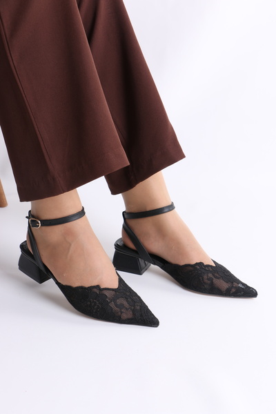 tulin women Amelya Lace Embroidered and Embroidered Back Strap Belt Heel Wome...